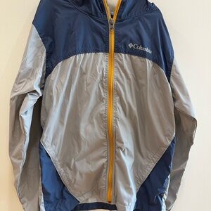 Columbia Kids' Blue and Gray Raincoat with Yellow Zipper